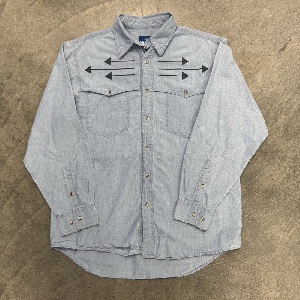 Men's 90s Wrangler Western Pearl Snap Chambray Shirt Aztec Arrow Print RL Large